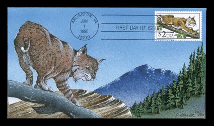Patricia A. Beller handpainted first day cover collection of 43 different commemoratives from the period of 1990-1996, all possess gorgeous all over front paintings as cachets
relating to the stamp, includes some series such as 25c Wizard of Oz,