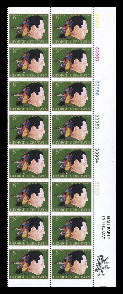 1484a, 8c George Gershwin, vertical pair, imperforate horizontally, right margin plate number and Zip block of sixteen, being the last two columns containing eight error pairs,
exceedingly fresh, o.g., n.h., extremely fine cataloged as eight pa