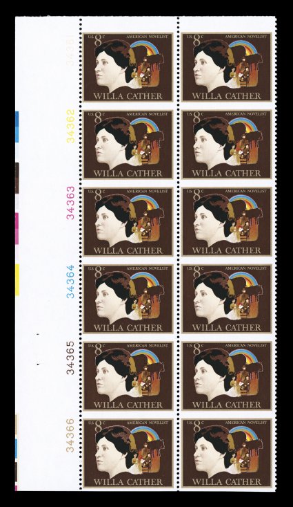 1487a, 8c Willa Cather, vertical pair, imperforate horizontally, left margin plate number block of twelve containing six error pairs, wonderfully fresh, o.g., n.h., very fine
cataloged simply as six pairs.