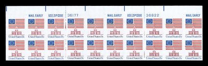 1622b, 13c Flag over Independence Hall, imperforate, rare top margin plate nos. 36177, 36822 block of twenty, containing ten pairs, bright and fresh, o.g., n.h., very fine only
a couple plate blocks exist.