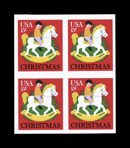 1769b, 15c Hobby Horse, imperforate horizontally, block of four, the right pair being the error, while the left pair is almost identical to the right, there is a faint trace of
a single blind horizontal perforation that technically disqualifies
