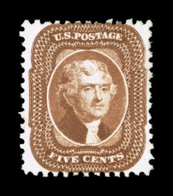 42, 5c Orange brown reprint, without gum as issued, far better centering within much wider margins than normally encountered on this notoriously difficult stamp, rich luxuriant
color and a well incised impression on fresh paper, very fine and ch