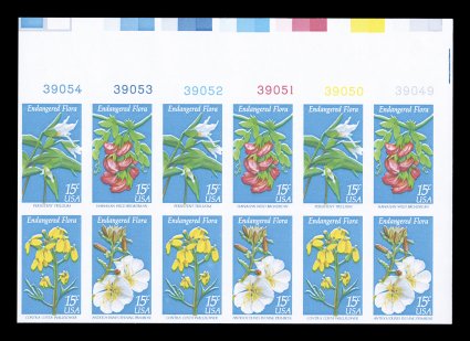 1786b, 15c Endangered Flora se-tenant block of four, imperforate, impressive top right corner margin plate number block of twelve, containing three error blocks, large even
margins, o.g., n.h., extremely fine only a very few plate blocks are kn