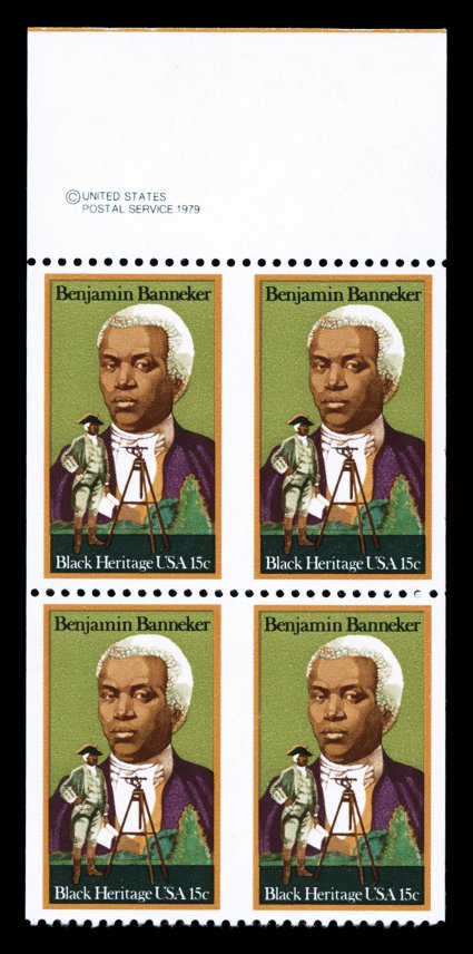 1804a, 15c Banneker, imperforate vertically, top sheet-margin block of four containing two error pairs, o.g., n.h., bottom pair with tiny gum wrinkle, very fine 1990 PSE
certificate.