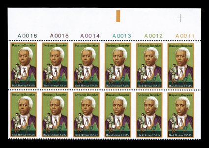 1804a, 15c Banneker, imperforate vertically, top margin plate number block of twelve, containing six error pairs, brilliantly fresh, o.g., n.h., trivial gum crease in the
selvage only, very fine with only one sheet printed, this is believed t