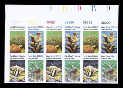 1830b, 15c Coral Reefs se-tenant block, imperforate, a very scarce and beautiful top left corner margin six plate nos. block of twelve, containing three error blocks, large even
margins, o.g., n.h., extremely fine only a couple of plate blocks