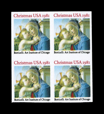 1939b, (20c) Madonna, imperforate horizontally, block of four containing two error pairs, vertical perforations blind, o.g., n.h., very fine an extremely rare error block, as
Datz states only 4-5 pairs reported 1990 PF certificate.