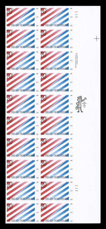 2003a, 20c Netherlands, imperforate, right margin plate no. 111 block of twenty, large margins, quite fresh, o.g., n.h., extremely fine only a tiny number of plate blocks can
exist cataloged as ten pairs.