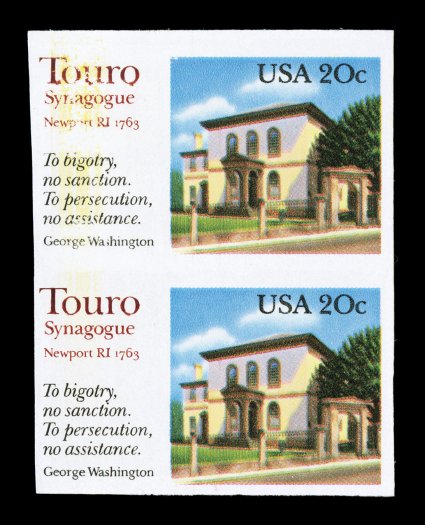 2017a, 20c Touro Synagogue, imperforate, vertical pair, large margins, o.g., n.h., some light excess yellow printing at left mainly affecting the top stamp, otherwise very fine
only 25 pairs are known.