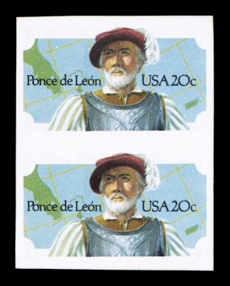 2024b, 20c Ponce de Leon, vertical pair, imperforate between, with blind perforations at the sides, o.g. that is just slightly disturbed, very fine an exceedingly rare error,
being the first example we have ever offered in our auctions 199