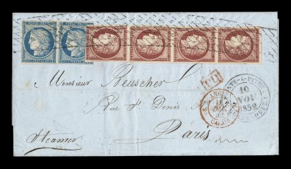 France Yvert 4, 6, 1849 1Fr Carmine vertical strip of four along with 25c Blue horizontal pair, both possessing mostly large margins, just into the frame at the bottom of the
strip, both tied on arrival to incredibly rare triple-rate 1852 folded