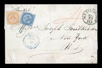 French Colonies Yvert 4, 5, 1859-65 20c Blue and 40c Vermilion, both attractive singles with mostly large margins being slightly cut in on one side, tied to nice 1868 folded
cover to the United States by rare blue lozenge cancel, turned over to