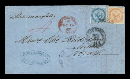 French Colonies Yvert 4, 5, 1859-65 20c Blue and 40c Vermilion, four-margin singles tied to 1868 folded cover to the United States by black lozenge cancel, indistinct
Pointe-a-Pitre c.d.s., posted through the British Agency with rare later Guad