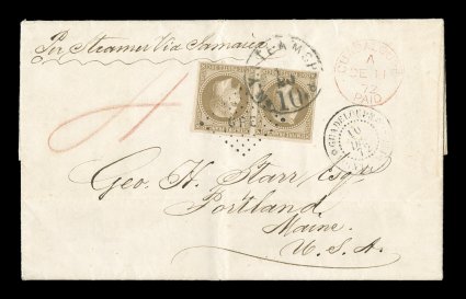 French Colonies Yvert 9, 1871 30c Brown horizontal pair, very attractive with well clear to large margins all around, tied to fresh 1872 entire folded letter to the United
States by the rare and seldom used black GPE in lozenge of dots cancel,