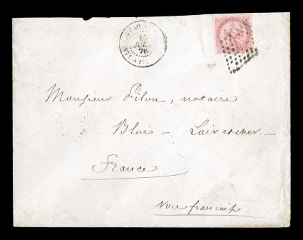 French Colonies Yvert 6, 1865 80c Rose, attractive single with four large even margins, neatly tied to double-rate cover to France by black lozenge cancel, matching Paq.
Fr.Pointe-a-Pitre Guade14 Juil 76 double-circle sorting c.d.s., octagon