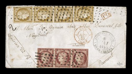 France Yvert 1, 6, 1849 1Fr Carmine horizontal strip of three along with four singles of the 1850 10c Bister, all tied to 1853 cover to Turin, Sardinia by large point roller
cancel of Paris, clear black Pointe-a-PitreGuadeloupe8 Mai