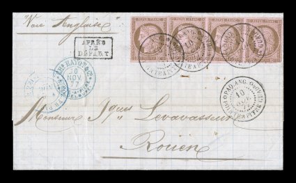 French Colonies Yvert 18, 1876 10c Brown on rose single and horizontal strip of three, attractive franking with mostly large margins, just into the bottom frame of the right
stamp of the strip, tied to 1877 folded cover to France by three strike