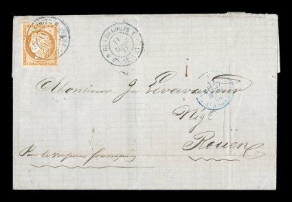 French Colonies Yvert 13, 1871 40c Orange, four clear to large margins in single franking tied to 1878 folded cover to France by black GuadeloupeBasse Terre11 Mars 78
double-circle c.d.s. with similar strike at right, carried by French packe