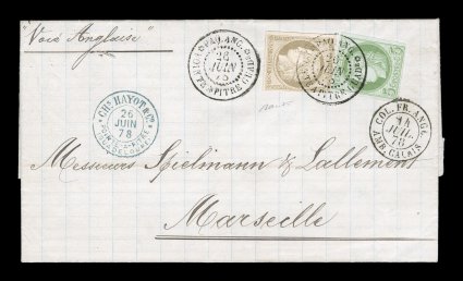 French Colonies Yvert 17, 20, 1872 5c Green on blue and 30c Brown, pretty franking each with mostly large margins, tied to 1878 entire folded letter to France by Paq.
Ang.Pointe-a-Pitre Guade26 Juin 78 double-circle sorting c.d.s. with an ad