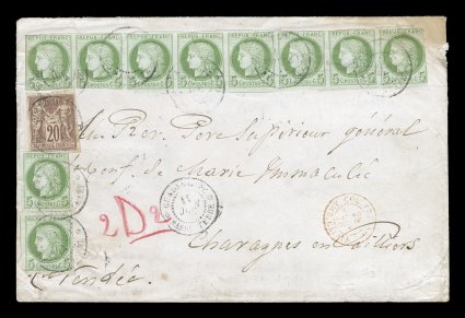 French Colonies Yvert 17, 34, 1872-77 5c Green on blue and 20c Lilac brown on straw, Ty. II, an impressive franking of two singles and a horizontal strip of eight of the 5c
value and a 20c single, large margins to just into the design on a f