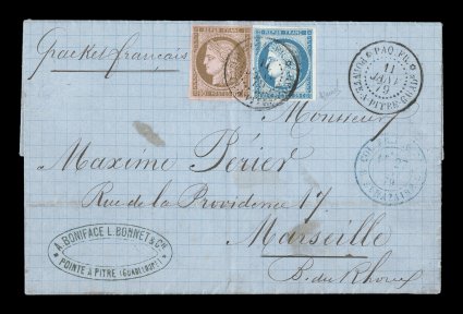 French Colonies Yvert 18, 23a, 1872-76 10c Brown on rose and 25c Blue, Ty. III, attractive singles with just clear to large margins all around, tied to 1879 entire folded letter
to France by Paq. Fr.Pointe-a-Pitre Guade11 Janv. 79 double-cir