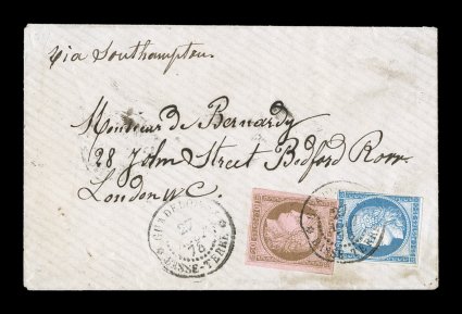French Colonies Yvert 18, 23a, 1872-76 10c Brown on rose and 25c Blue, Ty. III, attractive franking with mostly clear to large margins, 25c just into the frame at right, tied to
1878 cover to England paying the short-lived 35c U.P.U. rate by Gu