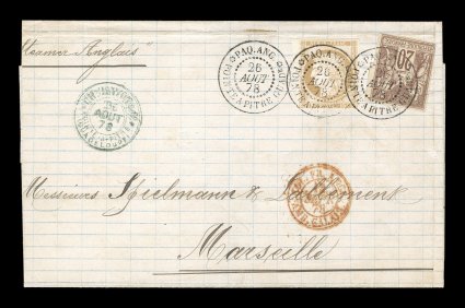 French Colonies Yvert 19, 34, 1871-77 15c Bister and 20c Lilac brown on buff, Ty. II, nice mixed issue franking with the scarce 15c Ceres with large numerals, large margins to
just into the frame, neatly tied to 1878 folded cover to France by we