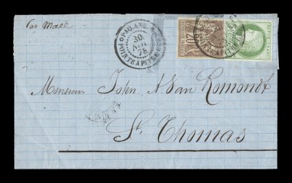 French Colonies Yvert 17, 34, 1872-77, 5c Green on blue and 20c Lilac brown on straw, each a four-margin single tied to 1878 folded cover to St. Thomas by Paq.
Ang.Pointe-a-Pitre Guade30 Nov. 78 double-circle sorting c.d.s. with an additiona