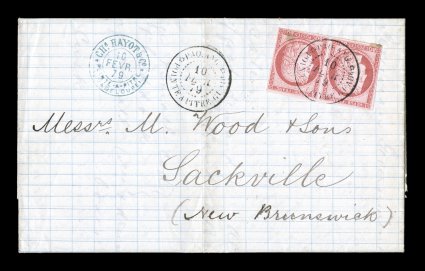 French Colonies Yvert 21, 1873 80c Rose horizontal pair, mostly clear to large margins, just touched at a couple points, tied to 1879 entire folded letter to New Brunswick, by
well struck Paq. Ang.Pointe-a-Pitre Guade10 Fevr. 79 double-c