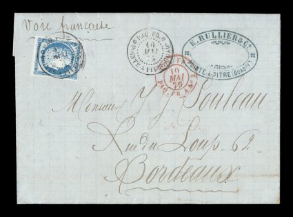 French Colonies Yvert 23a, 1872 25c Blue, Ty. III, choice single with large even margins all around, tied to 1879 entire folded letter to France by Paq. Fr.Pointe-a-Pitre
Guade10 Mai 79 double-circle sorting c.d.s. with an additional strike