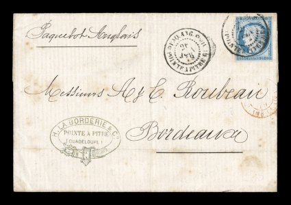 French Colonies Yvert 23a, 1872 25c Blue, Ty. III, attractive single with clear to large margins all around, tied to 1879 folded cover to France by Paq. Ang.Pointe-a-Pitre
Guade26 Juin 79 double-circle sorting c.d.s. with an additional strik