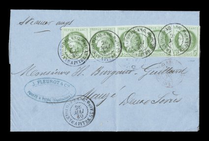 French Colonies Yvert 17, 1872 5c Green on blue horizontal strip of five, impressive franking of a late usage of this value to pay the 25c U.P.U. rate to France, strip is well
margined all around with a couple of partial scissors cuts between st