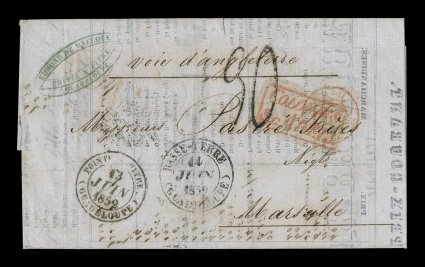 1852 Pointe-a-Pitre unpaid stampless cover to France, black Pointe-a-PitreGuadeloupe13 Juin 1852 double-circle c.d.s. and similar Basse Terre transit c.d.s. on folded cover of
prices current, via British packet with London transit on the reve