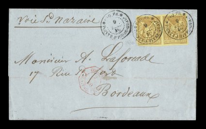French Colonies Yvert 44, 1880 25c Bister Yellow, Ty. II, horizontal pair, full large margins all around, tied to 1880 folded cover to France by well struck black Paq.
Fr.Pointe-a-Pitre Guade.9 Dec. 80 double-circle sorting c.d.s. with addit