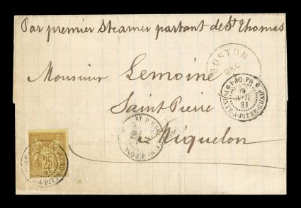 French Colonies Yvert 44, 1880 25c Bister Yellow, Ty. II, attractive single with clear to large margins in single franking, tied to 1881 folded cover to St. Pierre and Miquelon
by Paq. Fr.Pointe-a-Pitre Guade9 Nov. 81 double-circle sorti