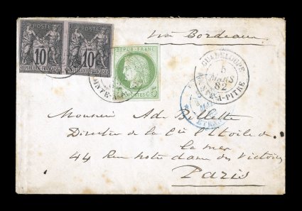 French Colonies Yvert 17, 40, 1872-79 5c Green on blue and 10c Black on rose horizontal pair, Ty. II, margins to just in, tied to 1882 cover to France by black
GuadeloupePointe-a-Pitre5 Mars 82 double-circle c.d.s. with additional strike at