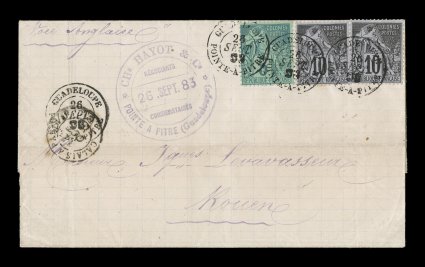 French Colonies Yvert 49, 50, 1881 5c Green and 10c Black on lilac, two singles of the latter, an attractive and fresh franking for the 25c U.P.U. rate to France, all tied by
well struck black GuadeloupePointe-a-Pitre26 Sept 83 with addition