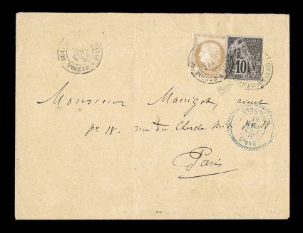 French Colonies Yvert 19, 50, 1877-81 15c Bister and 10c Black on lilac, an unusual and scarce mixed issues franking, tied to 1884 cover to France by black
GuadeloupePointe-a-Pitre3 Fevr 84 double-circle c.d.s. with additional strike at left