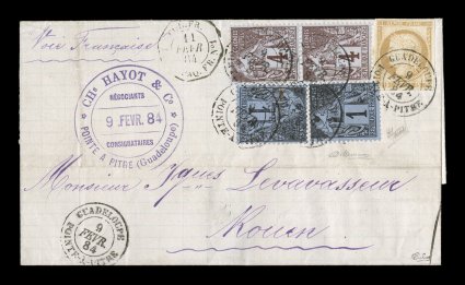 French Colonies Yvert 19, 46, 48, 1877-81 15c Bister, 1c black on blue and 4c Brown lilac on gray, a spectacular mixed franking of the scarce 15c Ceres with large numerals
possessing wide even margins all around, in combination with two 1c singl