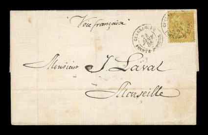 French Colonies Yvert 53, 1881 25c Bister yellow, single franking paying the 25c U.P.U. rate to France, tied by GuadeloupePointe-a-Pitre24 Janv. 86 c.d.s. with additional strike
at left, carried by French packet and receiving on the reverse