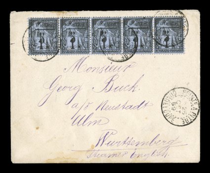 Yvert 6, 1884 Guadeloupe5centimes Provisional surcharge on 1c Black on blue, handsome horizontal strip of five showing different types of the frame that are found in the
setting, especially well centered, tied to 1889 cover to Wurttemberg by