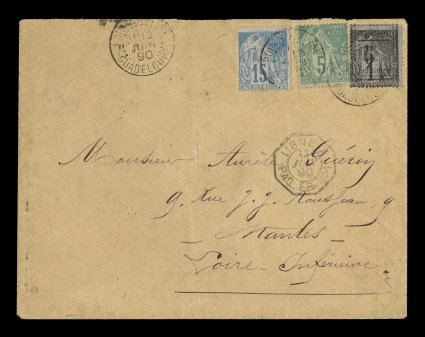 Yvert 6, 1884 Guadeloupe5centimes Provisional surcharge on 1c Black on blue, tied to a mixed franking cover to France along with French Colonies Yvert 49, 51, 1881 5c Green and
15c Blue, all tied by Pointe-a-PitreGuadeloupe12 Juin 90