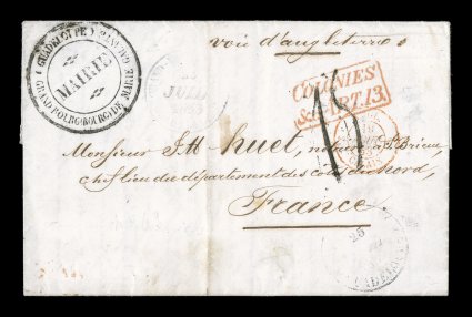 1853 Grand Bourg unpaid stampless entire letter to France, light but discernible strike of black Grand-Bourg (Mie. Gte.)Guadeloupe25 Juil 1853 double-circle c.d.s. and similarly
light strike of a Basse Terre transit c.d.s. on entire folded le
