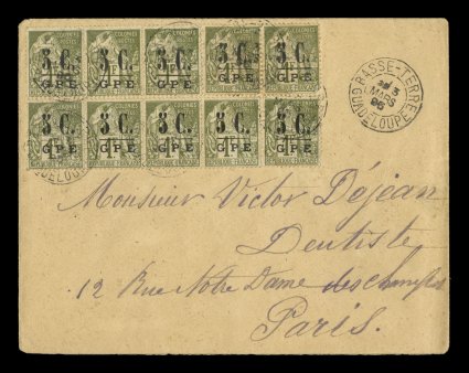 Yvert 11, 1891 5cGPE Provisional surcharge on 1Fr Olive, impressive franking of two horizontal strips of five paying the double 25c U.P.U foreign mail rate, well centered, tied
to 1895 cover to France by Basse-TerreGuadeloupe3 Mars 95 c.d