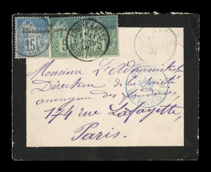 Yvert 17, 19, 1891 5c Green horizontal pair and 15c Blue with Provisional Guadeloupe overprints, well centered fresh franking with deep colors, tied to handsome mourning cover
to France paying the U.P.U. 25c rate by Pointe-a-PitreGuadeloupe