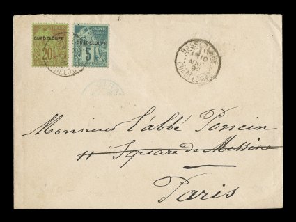 Yvert 17, 20, 1891 5c Green and 20c Brick red on green with Provisional Guadeloupe overprints, handsome franking with the scarcer 20c value making the U.P.U. 25c rate to France,
tied by Basse TerreGuadeloupe10 Aout 92 double-circle c.d.s.
