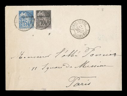 Yvert 18, 19, 1891 10c Black on lilac and 15c Blue with provisional Guadeloupe overprints, attractive deep colors with typical centering, tied to fresh 1892 cover to France by
Basse-TerreGuadeloupe11Juin 92 c.d.s. with additional strike at