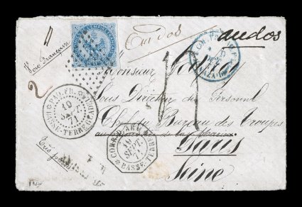French Colonies Yvert 4, 1865 20c Blue, four well clear to large margins tied to an attractive and especially interesting 1871 military cover, all of the many markings are
beautifully struck with the stamp tied by clear 8x8 point black lozen