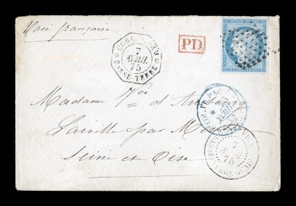 French Colonies Yvert 23, 1872 25c Blue, Ty. I, attractive four-margin example in a single franking paying the 25c military concessionary rate, tied to neat 1875 cover by black
lozenge cancel, small black GuadeloupeBasse-Terre7 Avril 75 doub