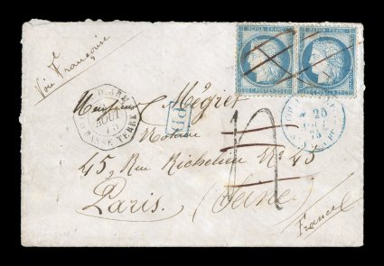 France Yvert 60C, 1871 25c Blue, Ty. III, two singles on 1875 military cover from Guadeloupe, properly endorsed on the reverse as a military cover and designated to go by French
packet, the two French stamps were in fact the full 50c rate for th
